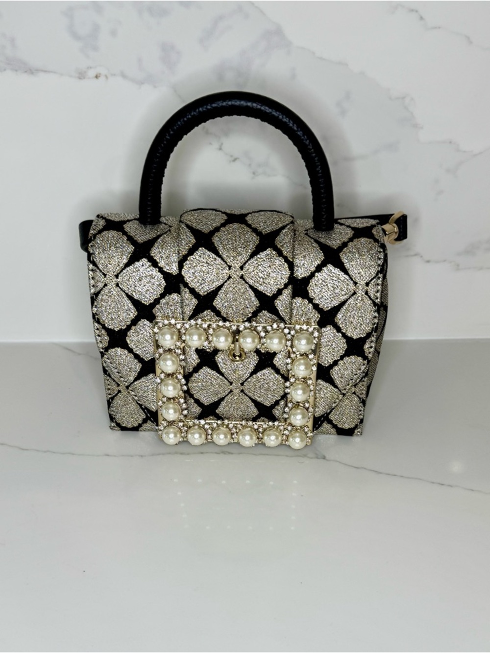 kate spade Black and Metallic Mini Pearl-Embellished Top Handle